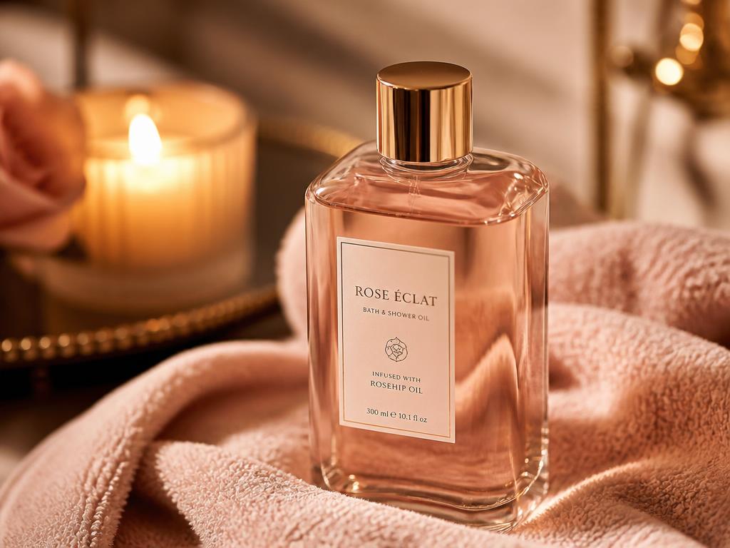 A rose gold bath oil resting on a soft towel beside a lit candle